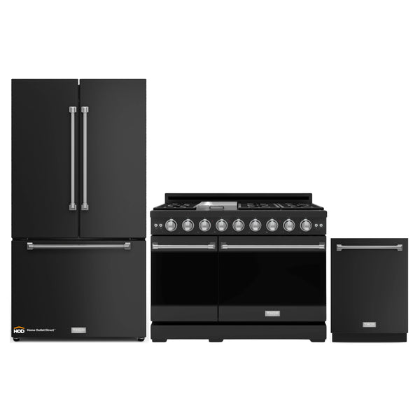 Thor Kitchen Gordon Ramsay 3-Piece Appliance Package - 48-Inch Gas Range with Double Oven, 36-Inch Refrigerator, and Dishwasher in Black with Stainless Steel Trim