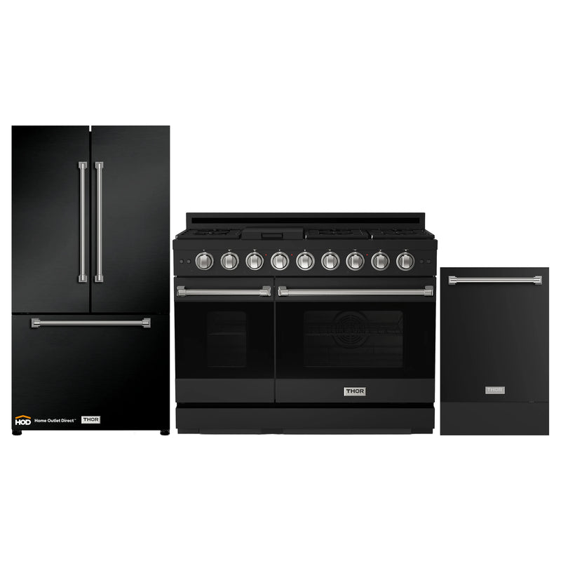 Thor Kitchen Gordon Ramsay 3-Piece Appliance Package - 48-Inch Gas Range with Double Oven, 36-Inch Refrigerator, and Dishwasher in Black with Stainless Steel Trim