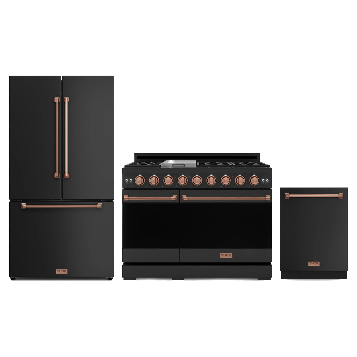 Gordon Ramsay by Thor Kitchen 3-Piece Appliance Package - 48-Inch Propane Gas Range, Double Oven, 36-Inch Refrigerator, and Dishwasher in Matte Black with Rose Gold Trim