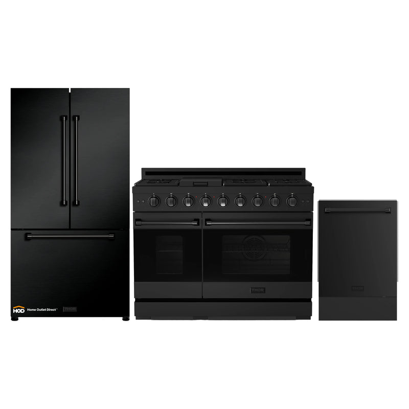 Thor Kitchen Gordon Ramsay 3-Piece Appliance Package - 48-Inch Gas Range with Double Oven, 36-Inch Refrigerator, and Dishwasher in Black