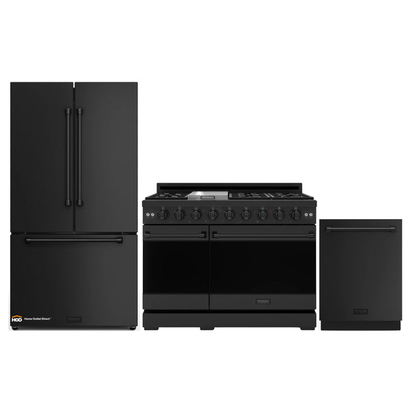 Thor Kitchen Gordon Ramsay 3-Piece Appliance Package - 48-Inch Gas Range with Double Oven, 36-Inch Refrigerator, and Dishwasher in Black