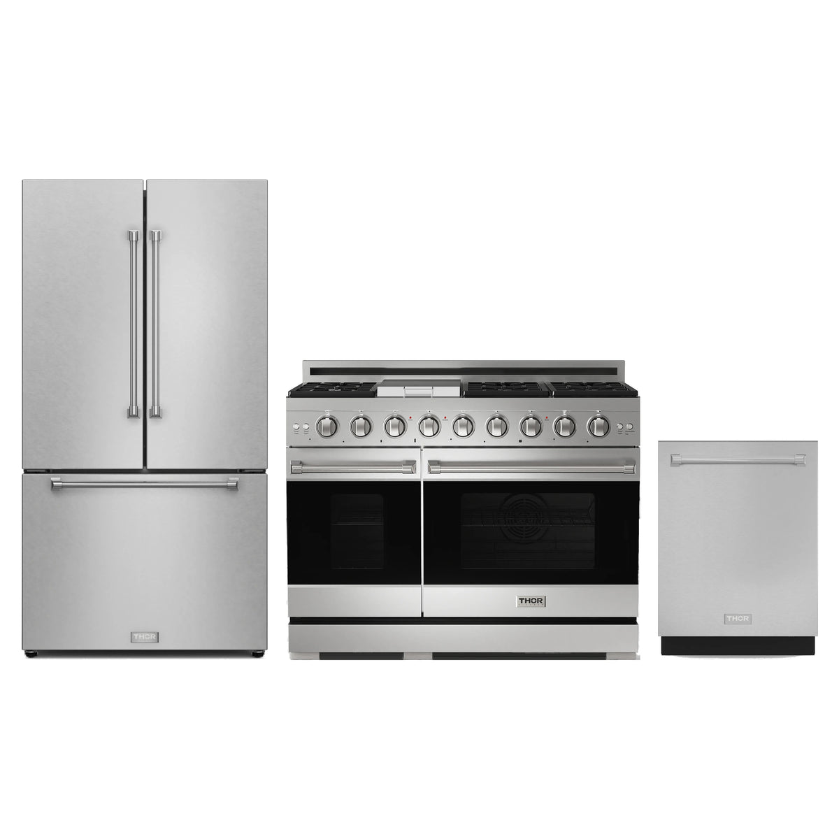 Gordon Ramsay by Thor Kitchen 3-Piece Appliance Package - 48-Inch Propane Gas Range, Double Oven, 36-Inch Refrigerator, and Dishwasher in Stainless Steel