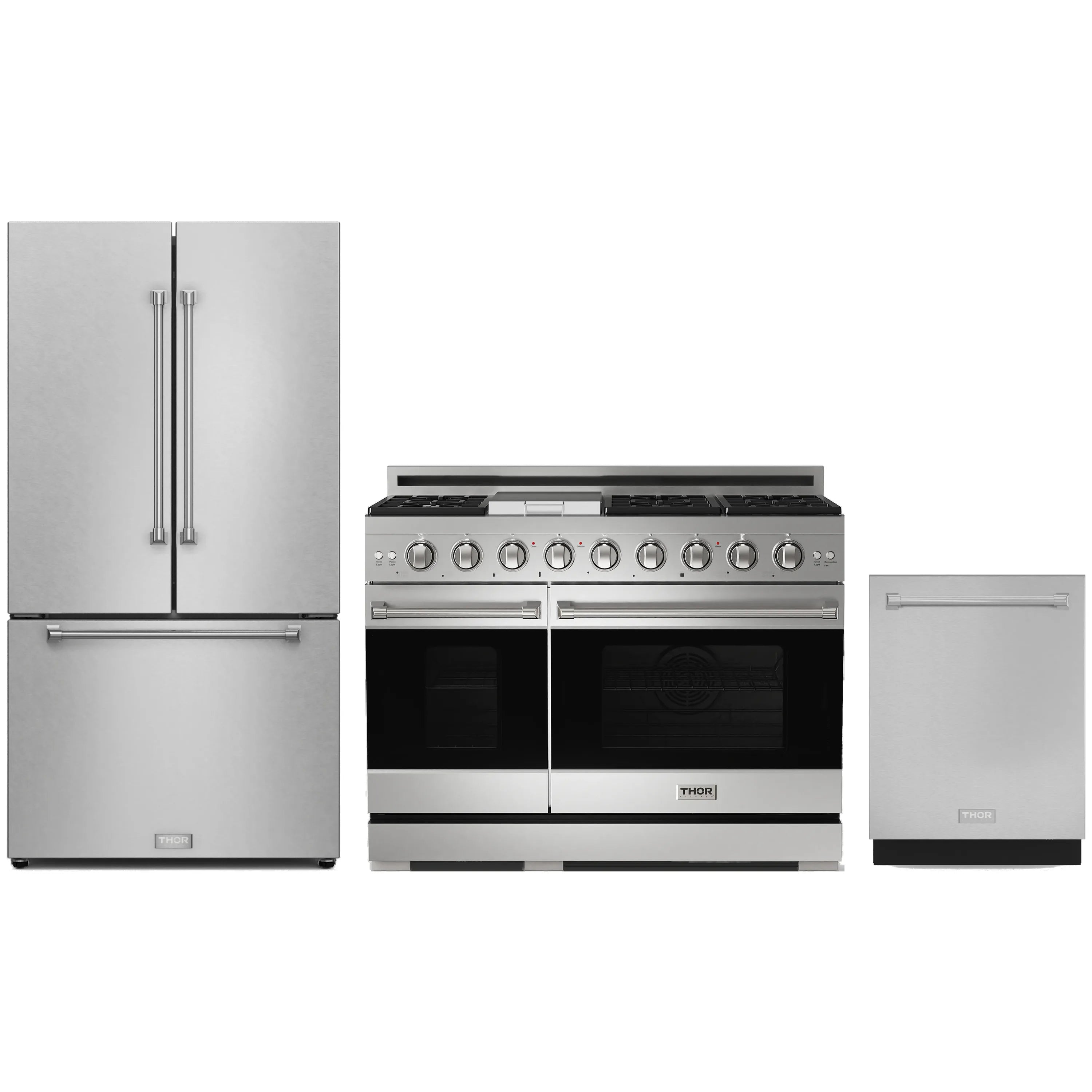 Stainless steel 3-piece appliance set: gas double-oven range, refrigerator, dishwasher