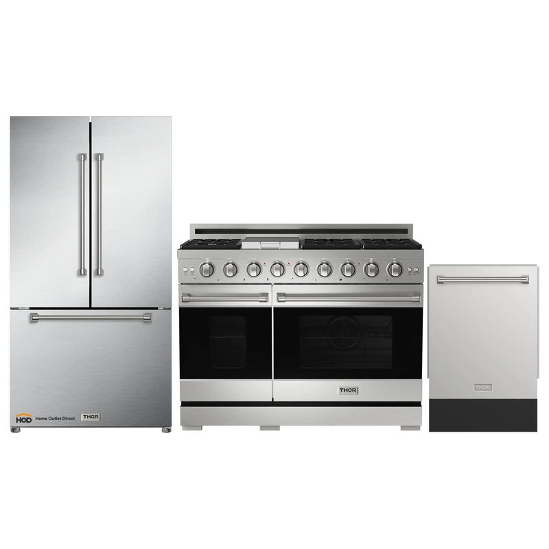 Thor Kitchen Gordon Ramsay 3-Piece Appliance Package - 48-Inch Gas Range with Double Oven, 36-Inch Refrigerator, and Dishwasher in Stainless Steel