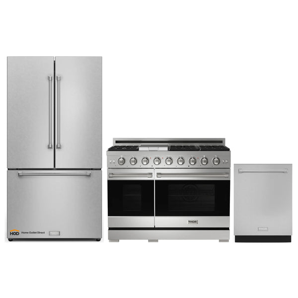 Thor Kitchen Gordon Ramsay 3-Piece Appliance Package - 48-Inch Gas Range with Double Oven, 36-Inch Refrigerator, and Dishwasher in Stainless Steel