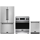 Stainless steel Thor Kitchen appliance package with 30-inch range, counter-depth refrigerator, dishwasher