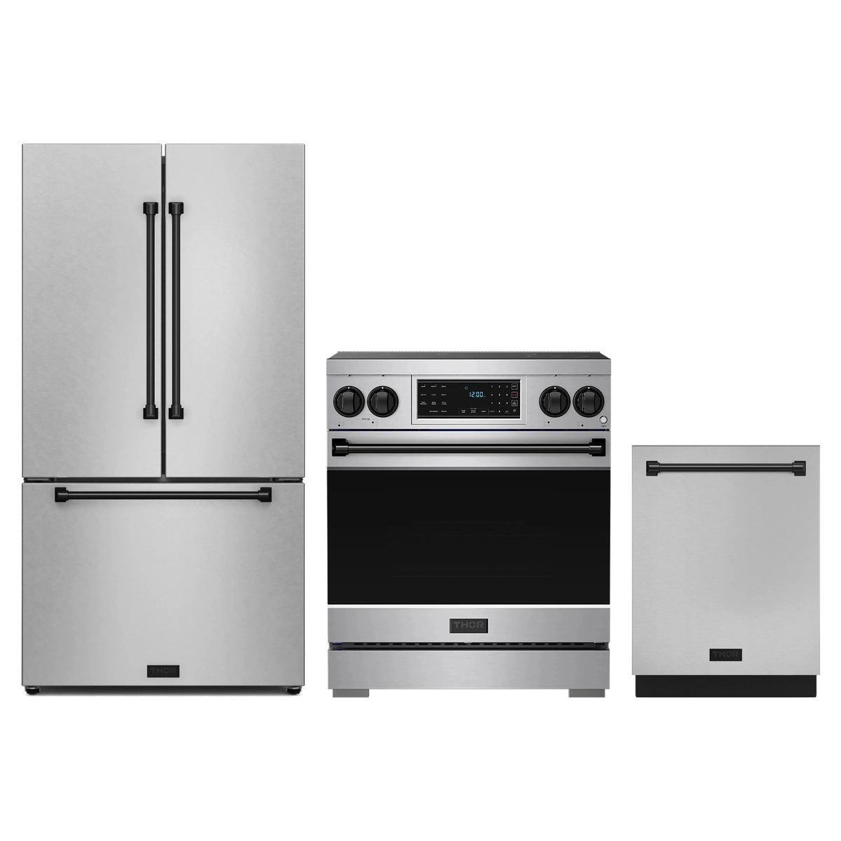 Gordon Ramsay by Thor Kitchen 3-Piece Appliance Package - 30-Inch Induction Range, Counter-Depth Refrigerator, & Dishwasher in Stainless Steel with Black Trim