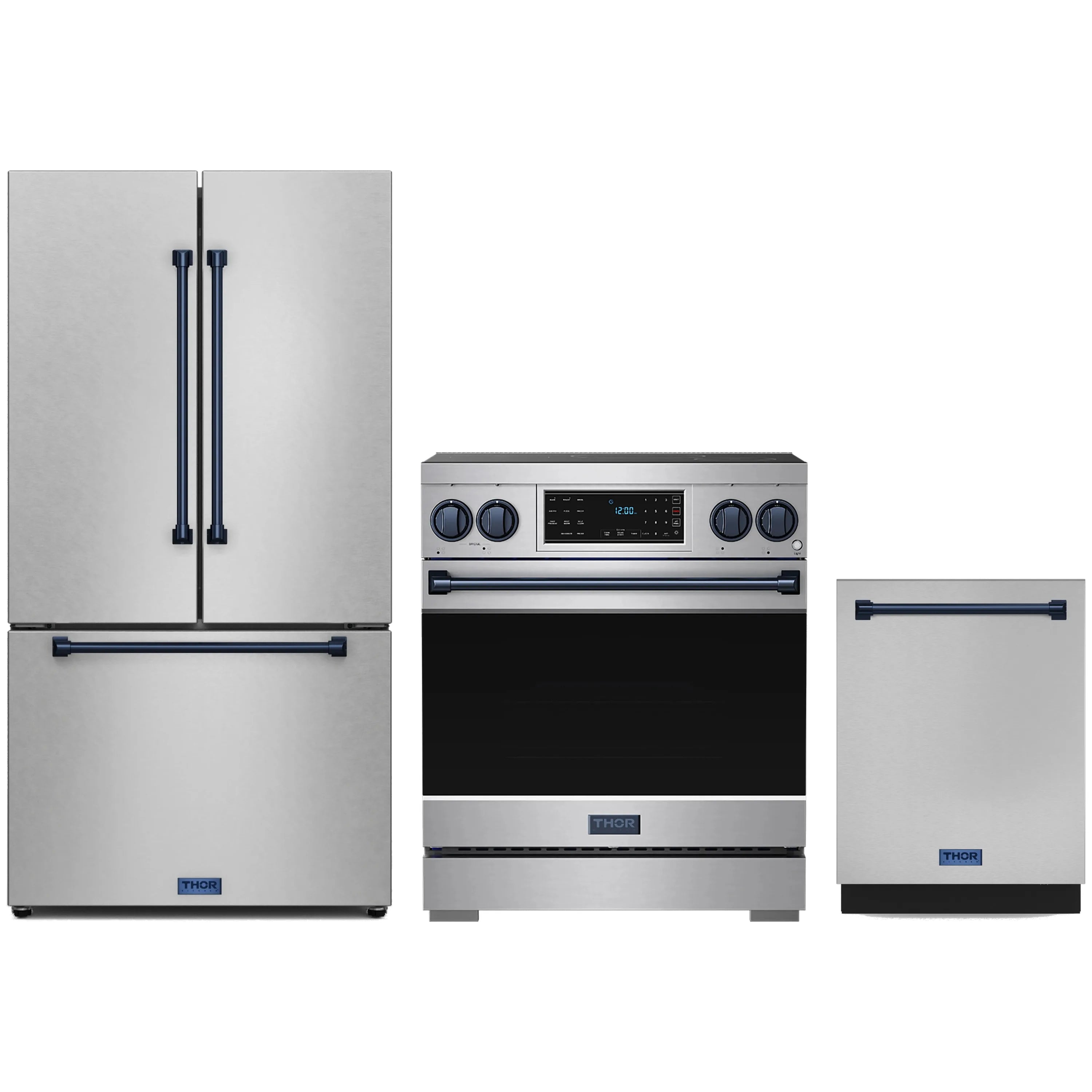 3-piece stainless appliance package with blue trim: refrigerator, induction range, dishwasher