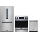 Stainless steel Thor Kitchen appliance package with 30-inch range, counter-depth refrigerator, dishwasher