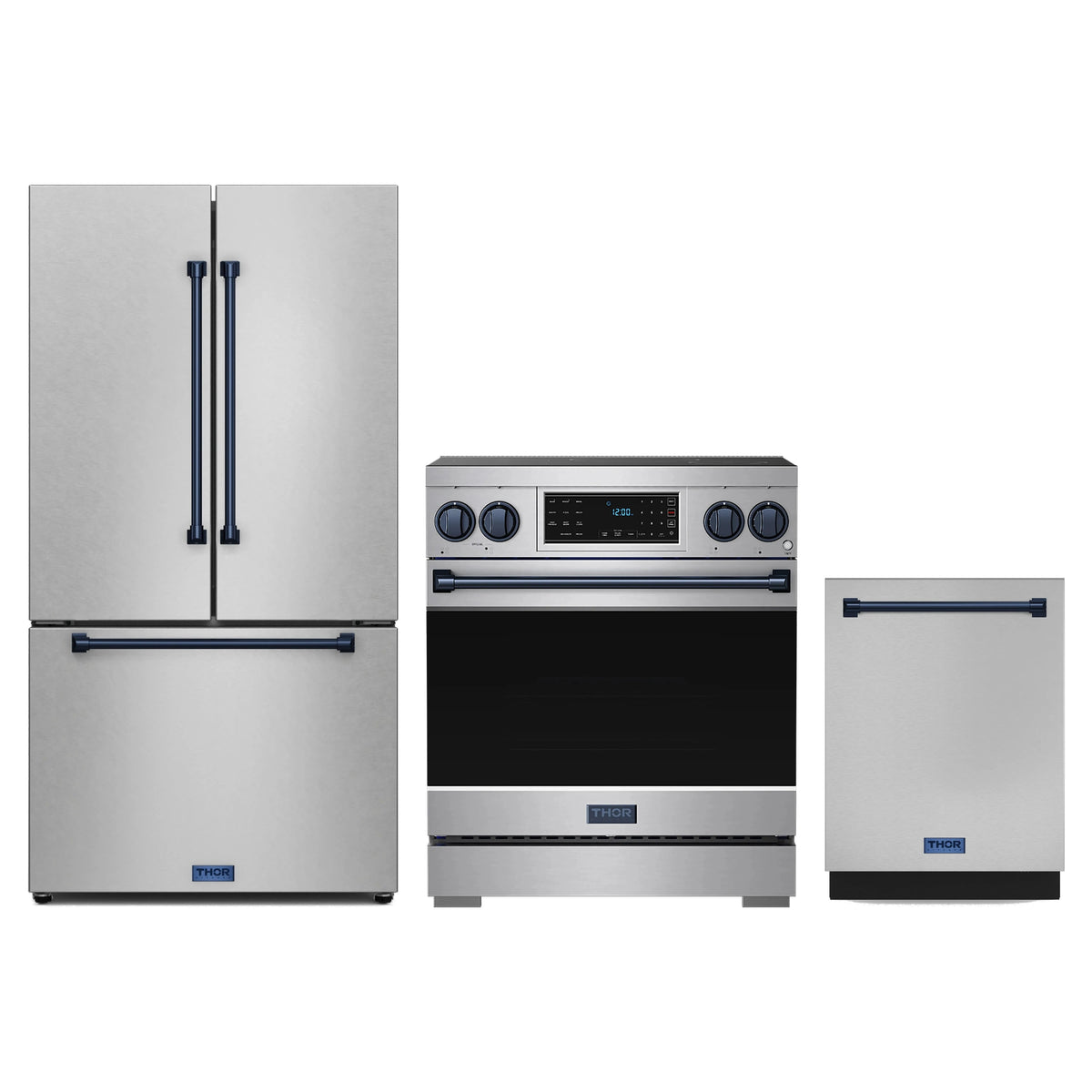 Gordon Ramsay by Thor Kitchen 3-Piece Appliance Package - 30-Inch Induction Range, Counter-Depth Refrigerator, & Dishwasher in Stainless Steel with Blue Trim