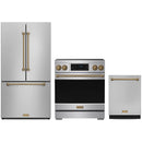 Stainless steel Thor Kitchen appliance package with 30-inch range, counter-depth refrigerator, dishwasher