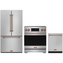 Stainless steel Thor Kitchen appliance package with 30-inch range, counter-depth refrigerator, dishwasher
