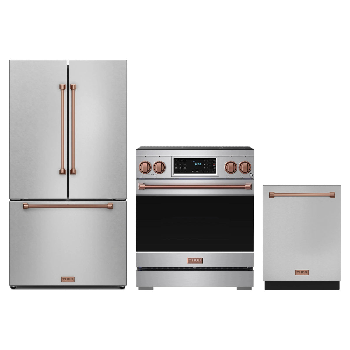 Gordon Ramsay by Thor Kitchen 3-Piece Appliance Package - 30-Inch Induction Range, Counter-Depth Refrigerator, & Dishwasher in Stainless Steel with Rose Gold Trim