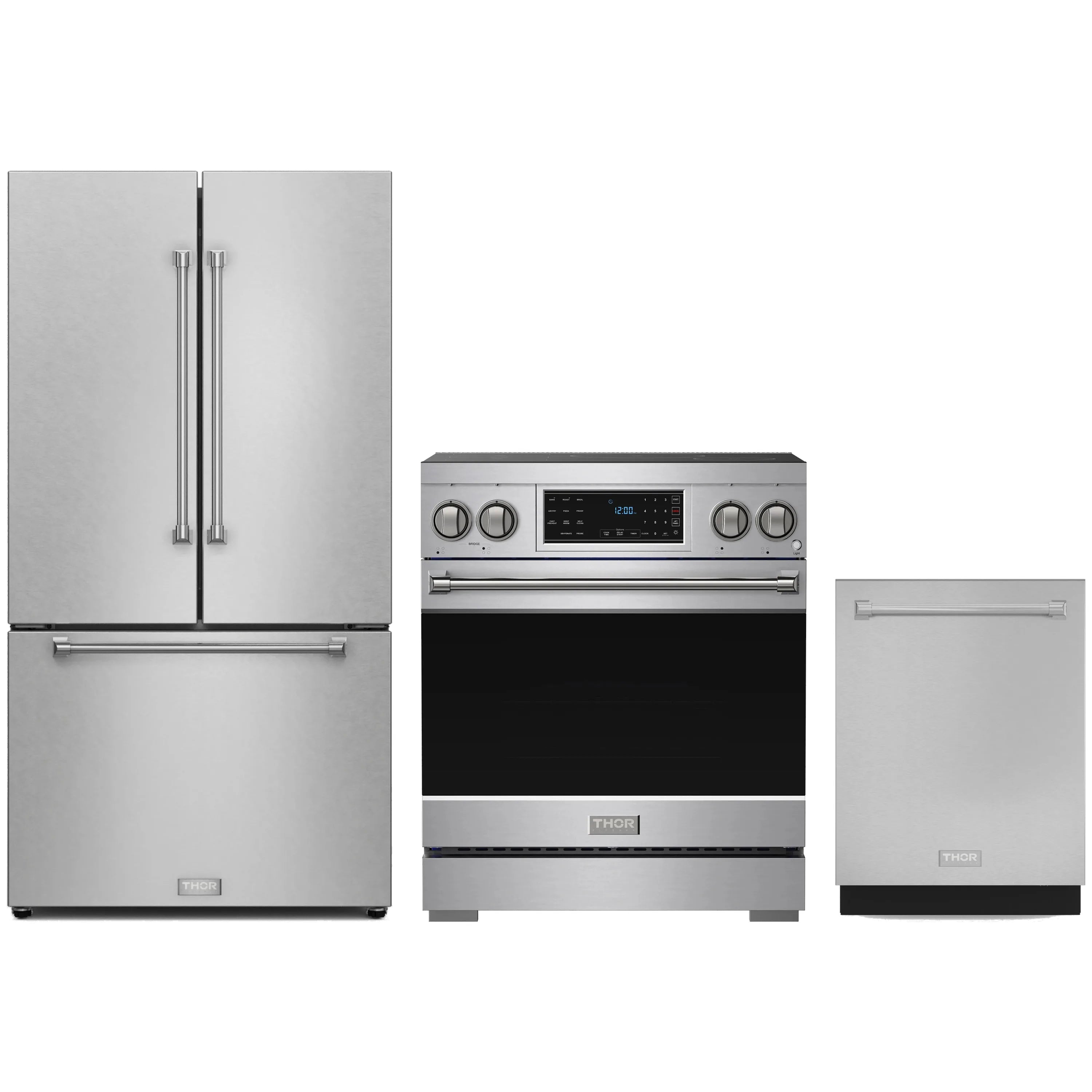Stainless steel 3-piece appliance package: range, refrigerator, dishwasher set