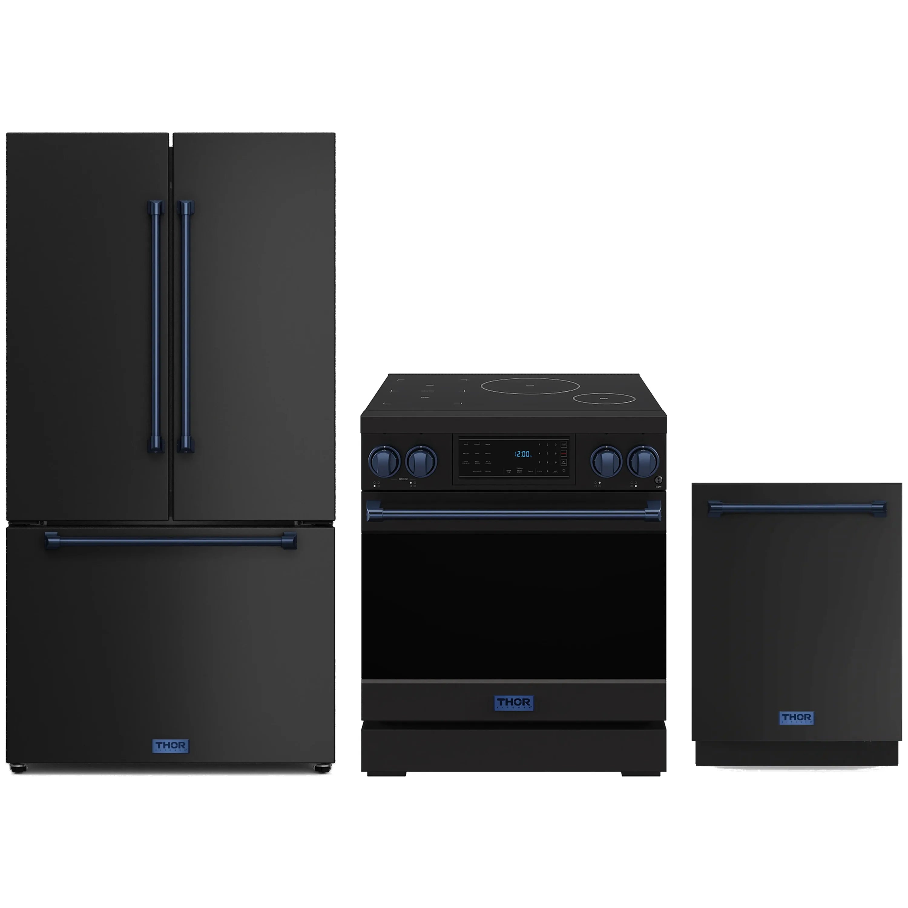 Black kitchen appliance package with blue trim: induction range, refrigerator, and dishwasher