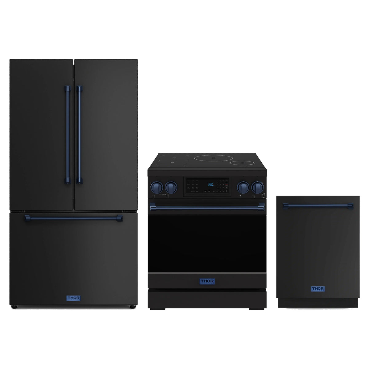 Gordon Ramsay by Thor Kitchen 3-Piece Appliance Package - 30-Inch Induction Range, Counter-Depth Refrigerator, & Dishwasher in Matte Black with Blue Trim