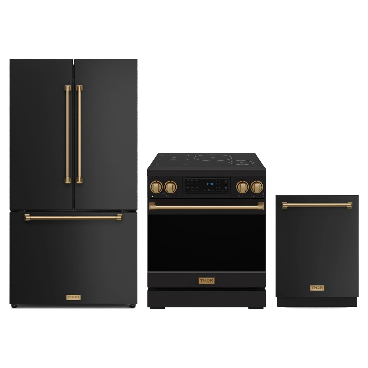 Gordon Ramsay by Thor Kitchen 3-Piece Appliance Package - 30-Inch Induction Range, Counter-Depth Refrigerator, & Dishwasher in Matte Black with Bronze Trim