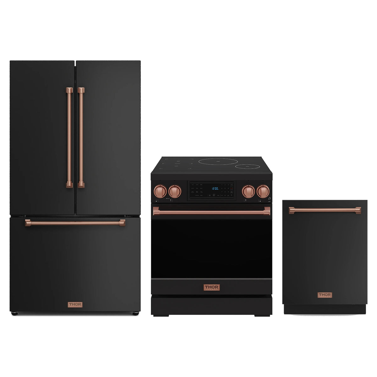 Gordon Ramsay by Thor Kitchen 3-Piece Appliance Package - 30-Inch Induction Range, Counter-Depth Refrigerator, & Dishwasher in Matte Black with Rose Gold Trim