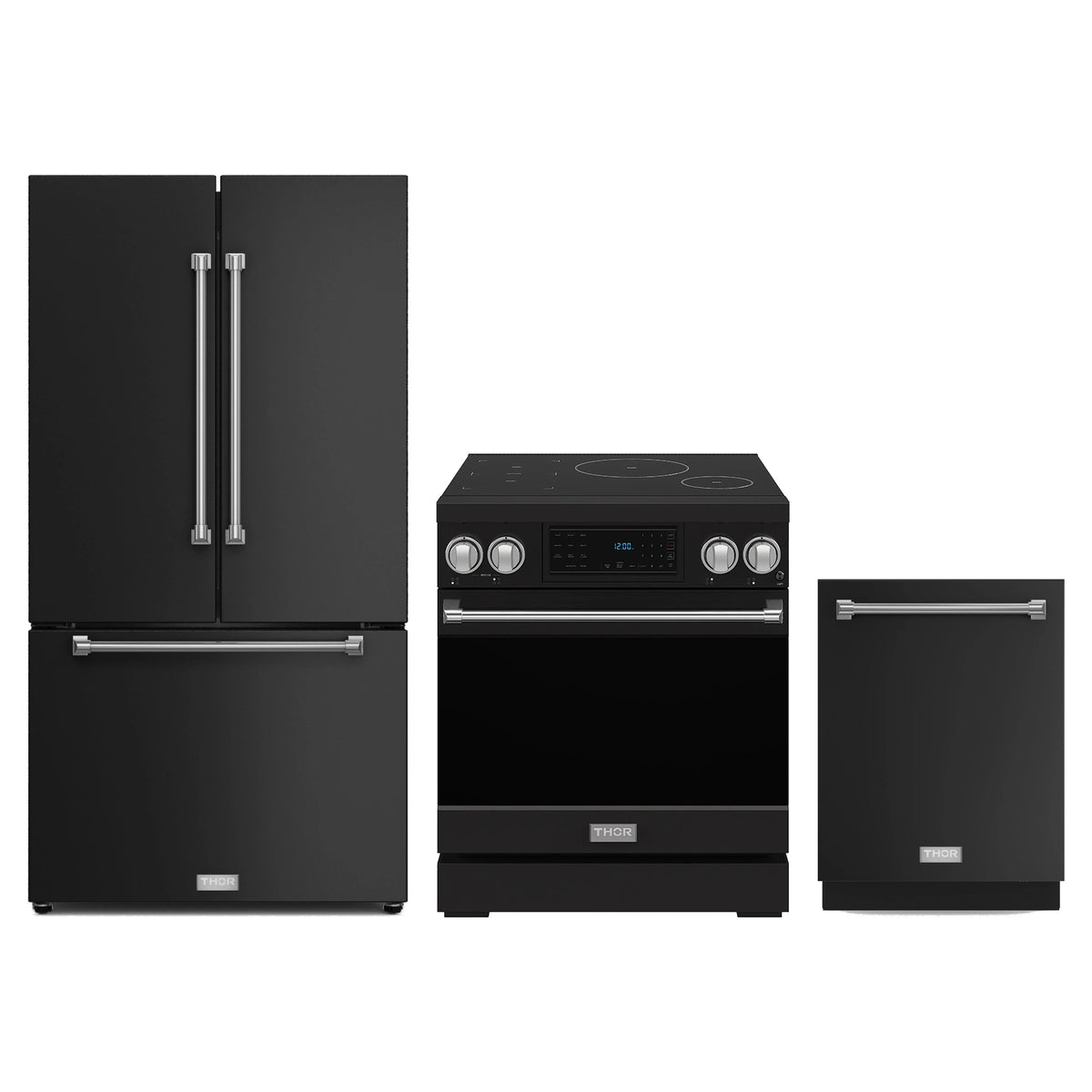 Gordon Ramsay by Thor Kitchen 3-Piece Appliance Package - 30-Inch Induction Range, Counter-Depth Refrigerator, & Dishwasher in Matte Black with Stainless Steel Trim