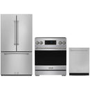 Stainless steel Thor Kitchen appliance package with 30-inch range, counter-depth refrigerator, dishwasher