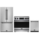 Stainless steel Thor Kitchen appliance package with 36-inch range, counter-depth refrigerator, dishwasher