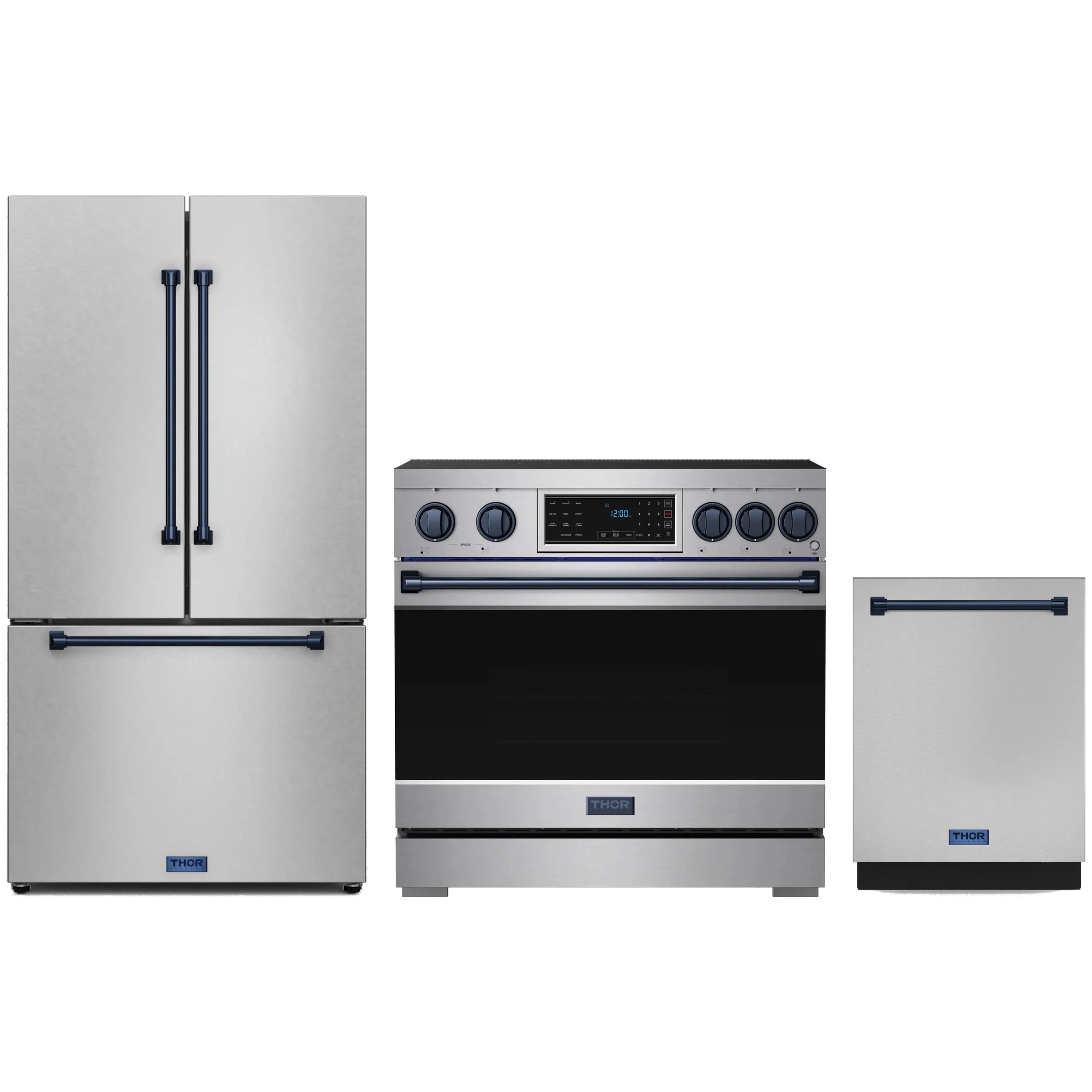 Stainless steel appliance package with blue accents: induction range, refrigerator, and dishwasher