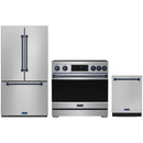 Stainless steel Thor Kitchen appliance package with 36-inch range, counter-depth refrigerator, dishwasher