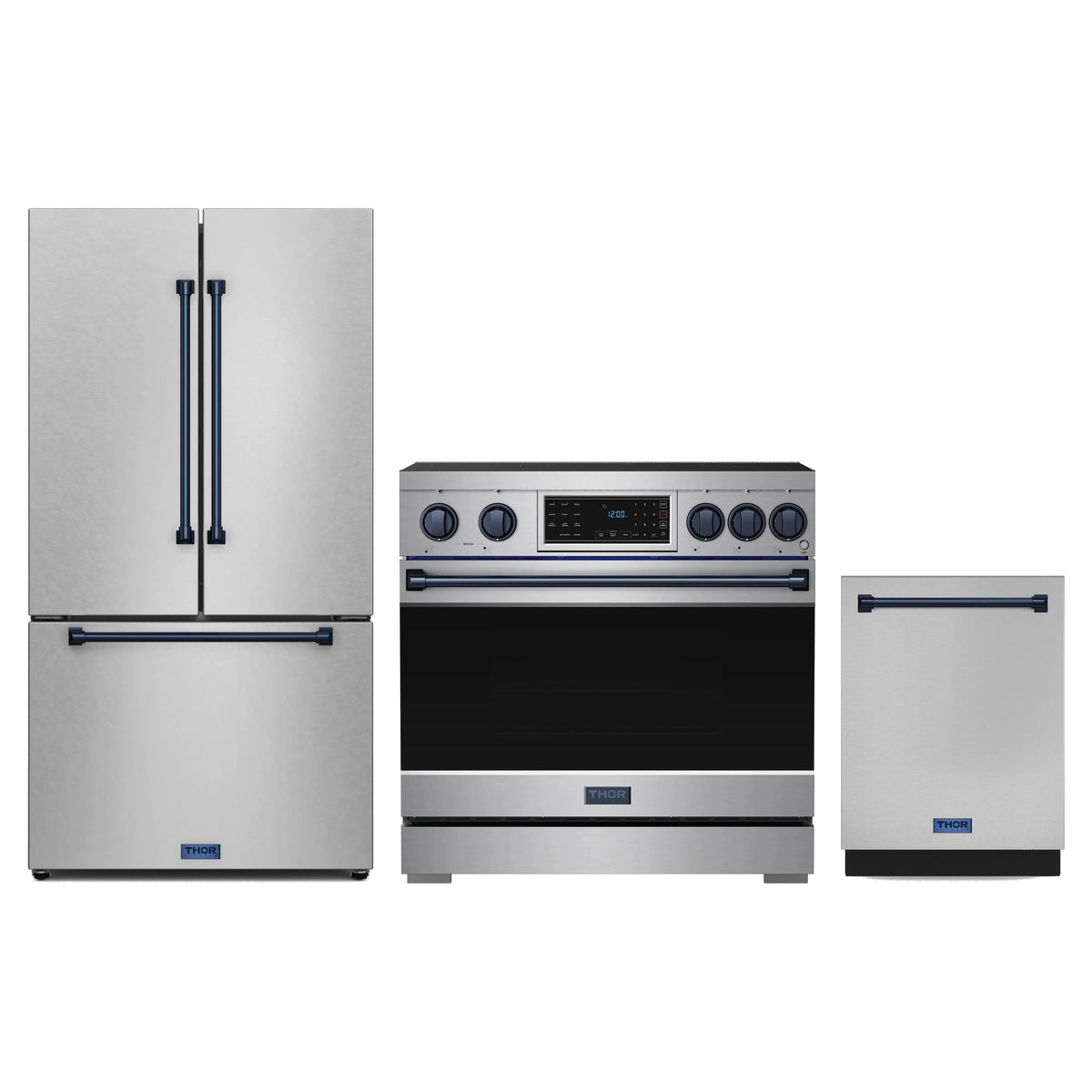 Gordon Ramsay by Thor Kitchen 3-Piece Appliance Package - 36-Inch Induction Range, Counter-Depth Refrigerator, & Dishwasher in Stainless Steel with Blue Trim