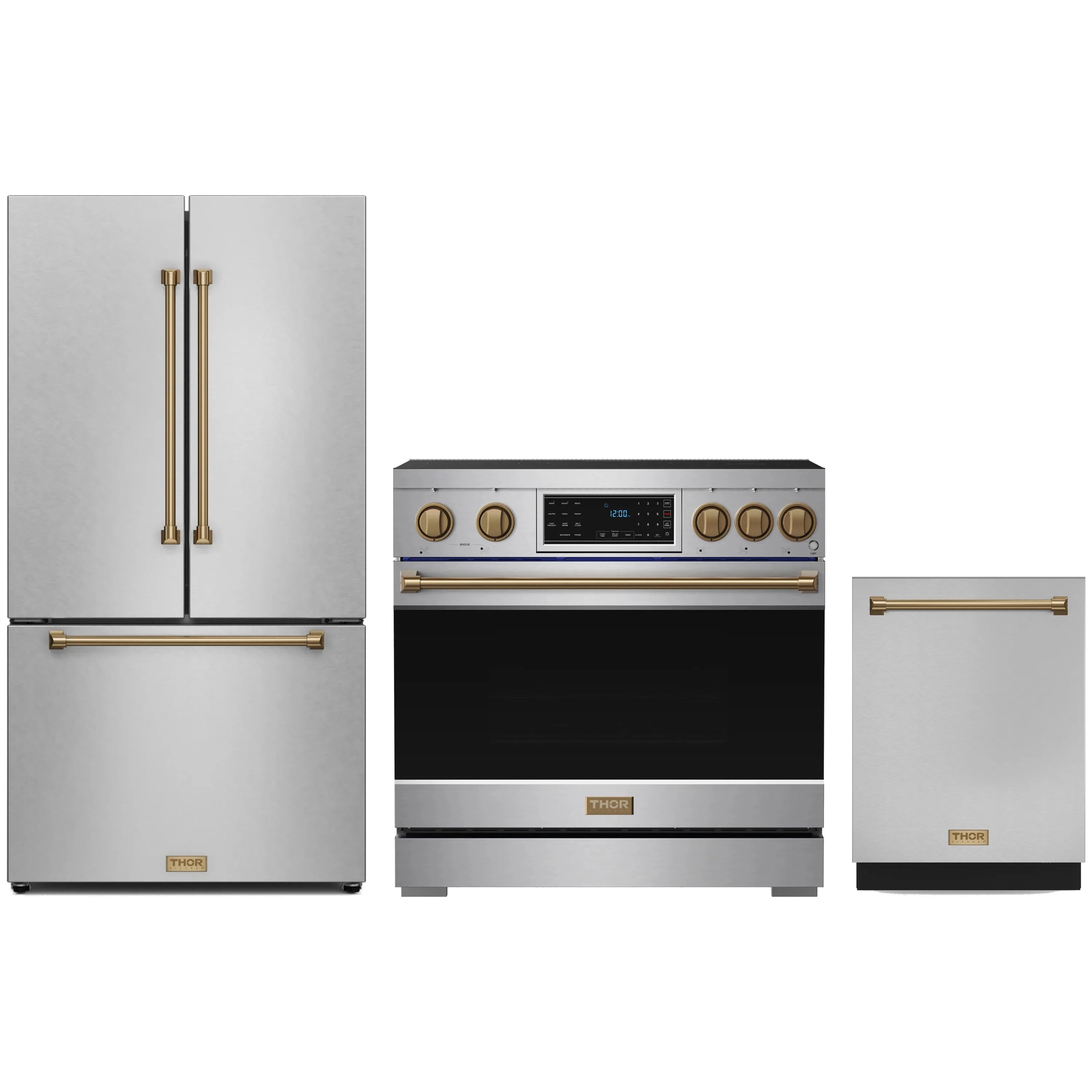 Stainless steel kitchen appliance package with refrigerator, induction range, and dishwasher