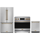 Stainless steel Thor Kitchen appliance package with 36-inch range, counter-depth refrigerator, dishwasher