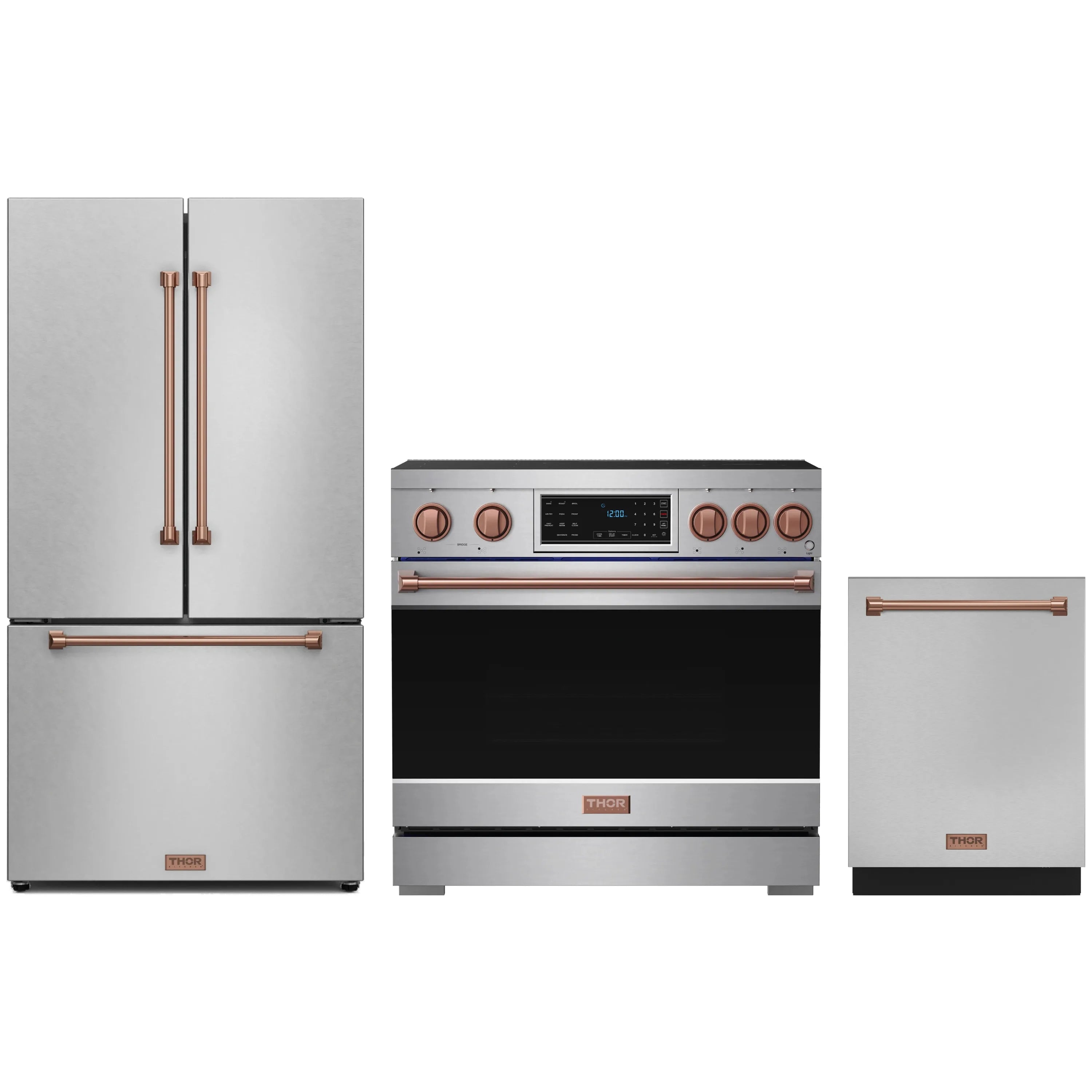 3-piece stainless steel appliance set with rose gold trim: range, fridge, dishwasher
