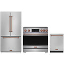 Stainless steel Thor Kitchen appliance package with 36-inch range, counter-depth refrigerator, dishwasher