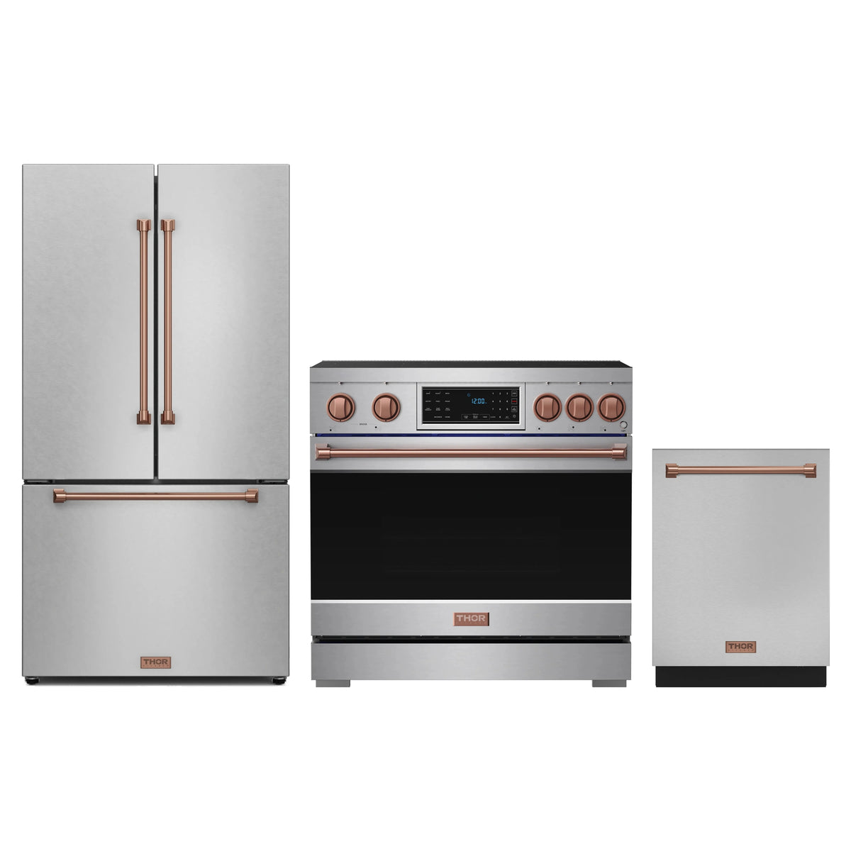Gordon Ramsay by Thor Kitchen 3-Piece Appliance Package - 36-Inch Induction Range, Counter-Depth Refrigerator, & Dishwasher in Stainless Steel with Rose Gold Trim