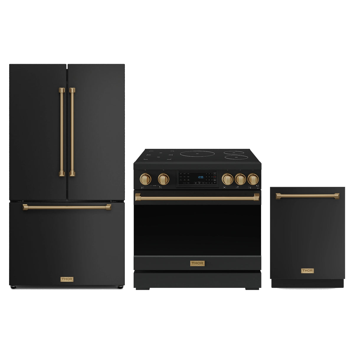 Gordon Ramsay by Thor Kitchen 3-Piece Appliance Package - 36-Inch Induction Range, Counter-Depth Refrigerator, & Dishwasher in Matte Black with Bronze Trim