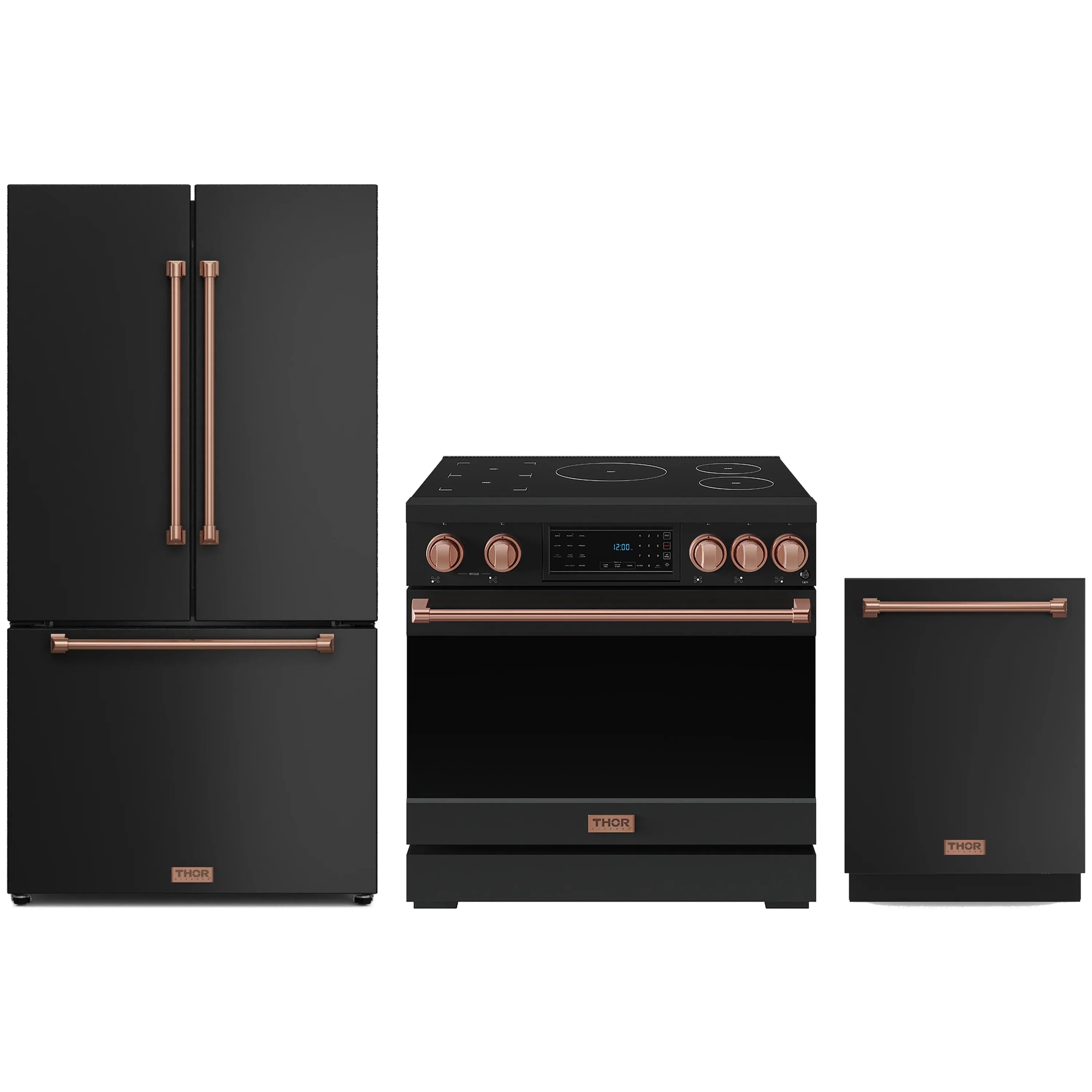 Black kitchen appliance package with rose gold trim: refrigerator, induction range, dishwasher