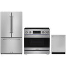 Stainless steel Thor Kitchen appliance package with 36-inch range, counter-depth refrigerator, dishwasher