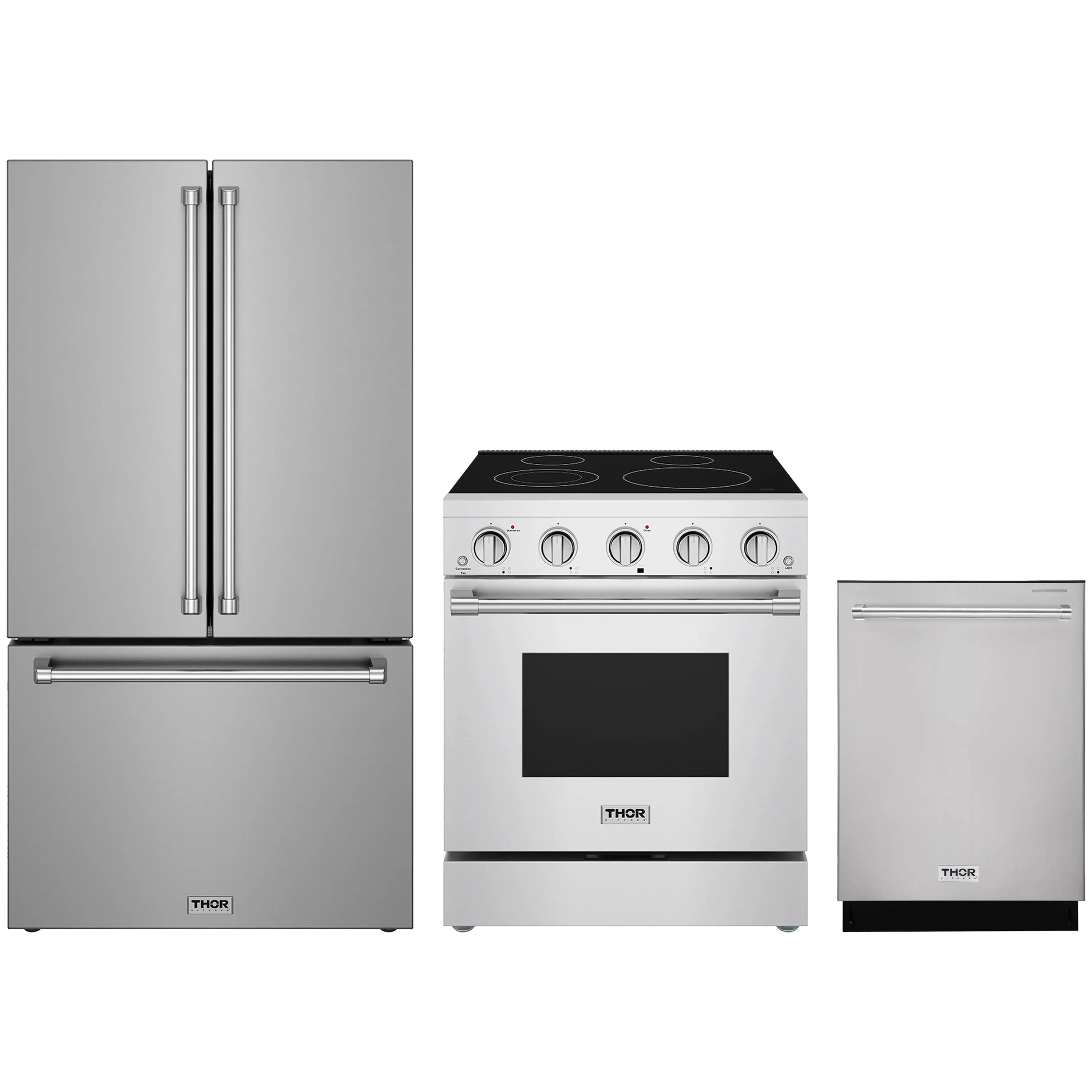 Stainless steel appliance package with electric range, counter-depth refrigerator, and dishwasher