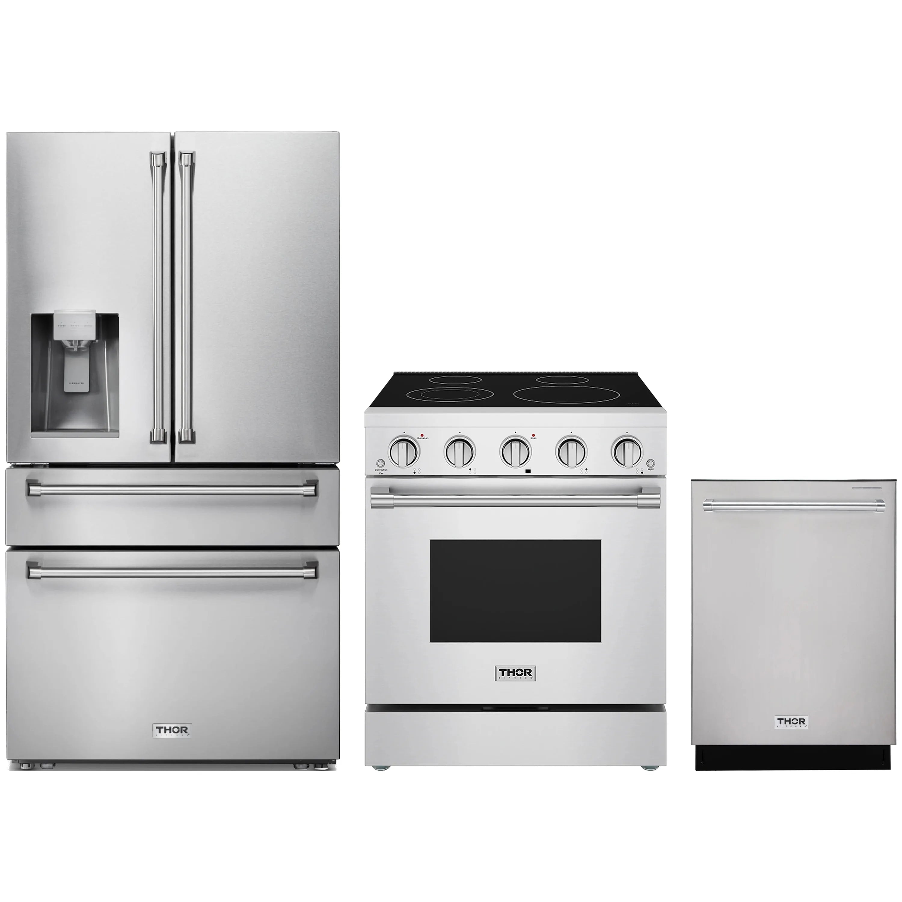 Stainless steel 3-piece kitchen appliance set: refrigerator, electric range, dishwasher