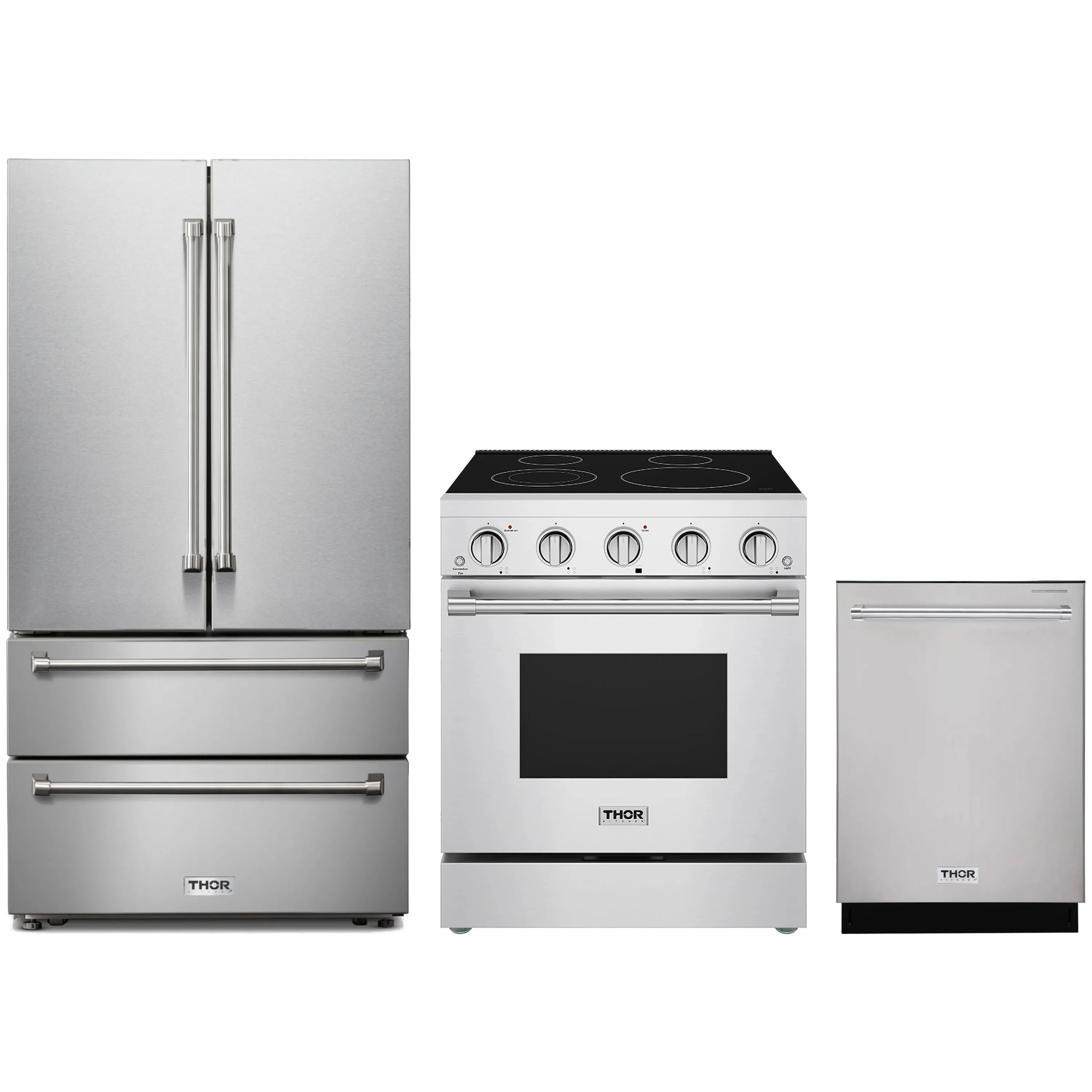 Stainless steel appliance set with French door refrigerator, electric range, and dishwasher