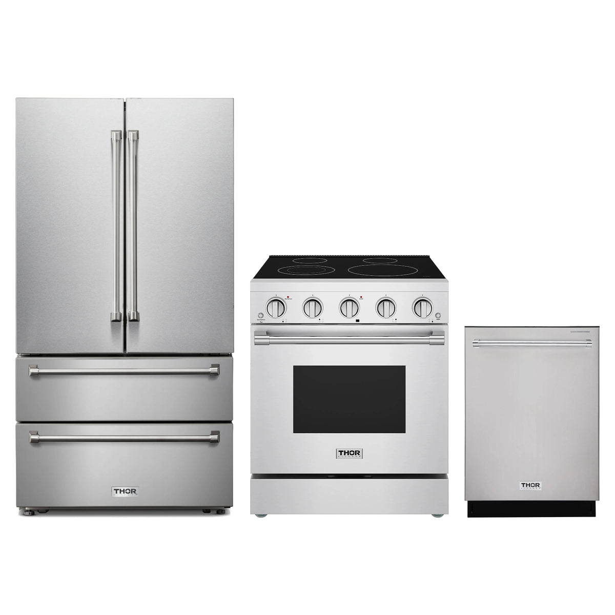 Thor Kitchen 3-Piece Appliance Package - 30-Inch Electric Range, French Door Refrigerator, & Dishwasher in Stainless Steel