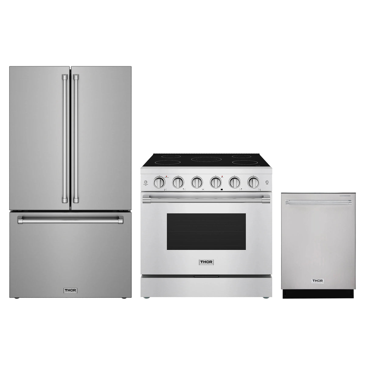 Thor Kitchen 3-Piece Appliance Package - 36-Inch Electric Range, Counter-Depth Refrigerator, & Dishwasher in Stainless Steel