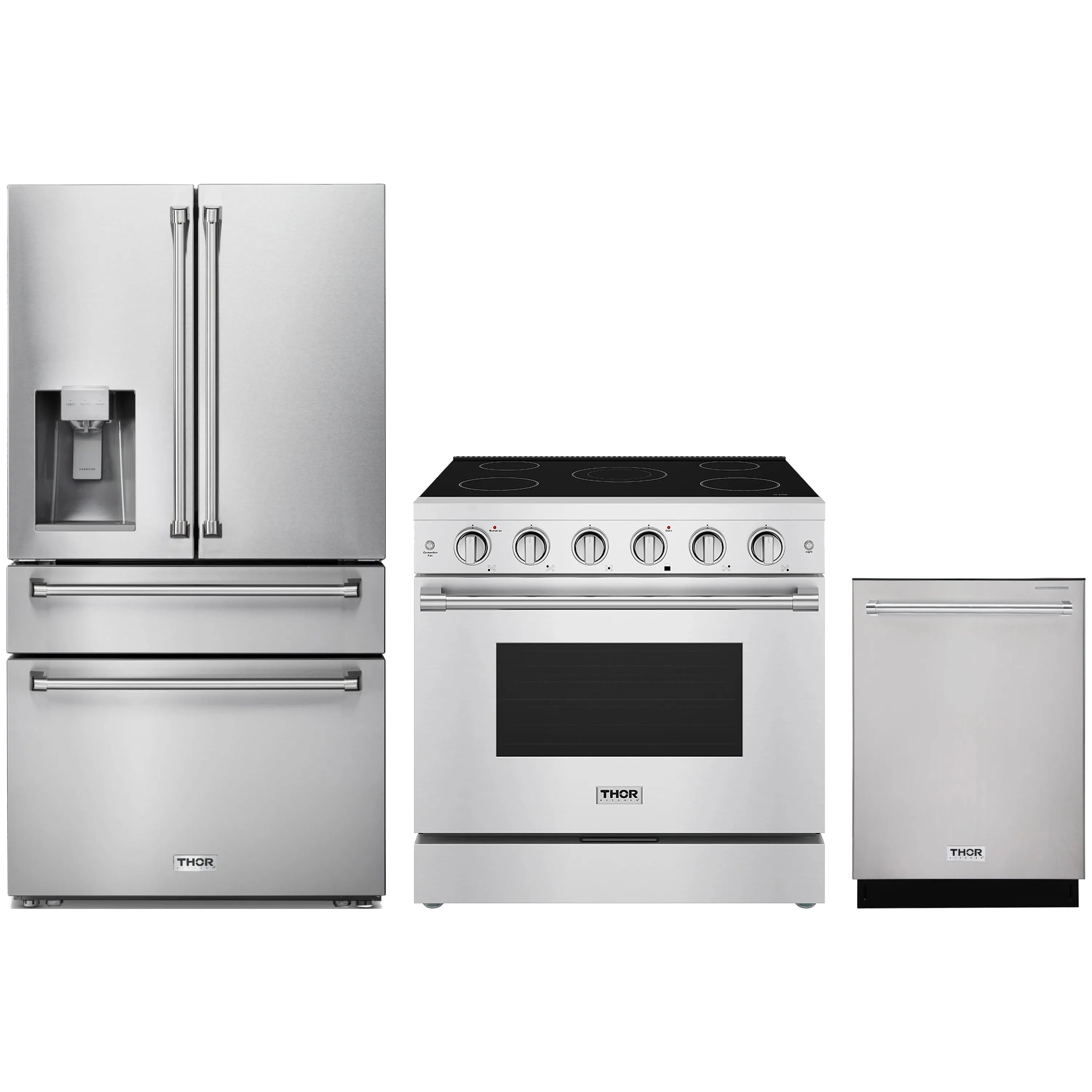 Stainless steel 3-piece appliance set: refrigerator with water dispenser, electric range, dishwasher