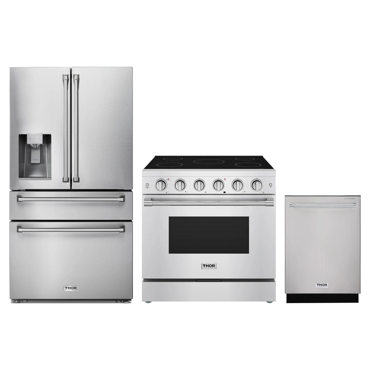 Thor Kitchen 3-Piece Appliance Package - 36-Inch Electric Range, Refrigerator with Water Dispenser, & Dishwasher in Stainless Steel