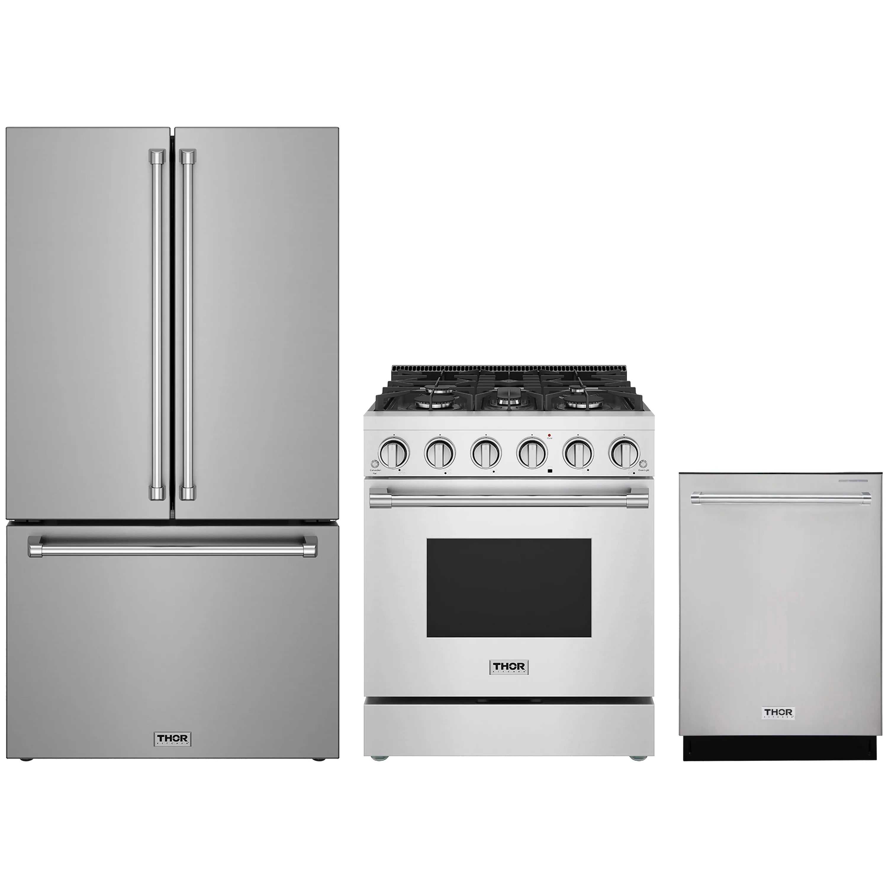 Stainless steel kitchen appliance package: side-by-side refrigerator and dishwasher with gas range
