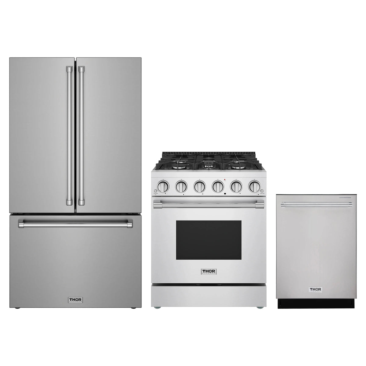 Thor Kitchen 3-Piece Appliance Package - 30-Inch Natural Gas Range, Counter-Depth Refrigerator, & Dishwasher in Stainless Steel