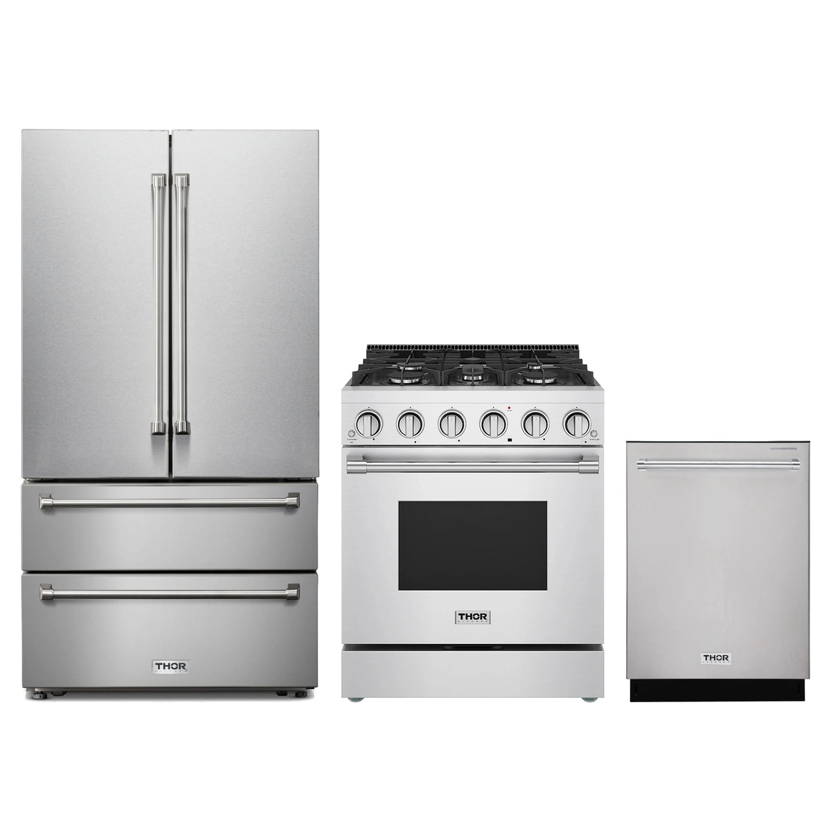 Thor Kitchen 3-Piece Appliance Package - 30-Inch Natural Gas Range, French Door Refrigerator, & Dishwasher in Stainless Steel
