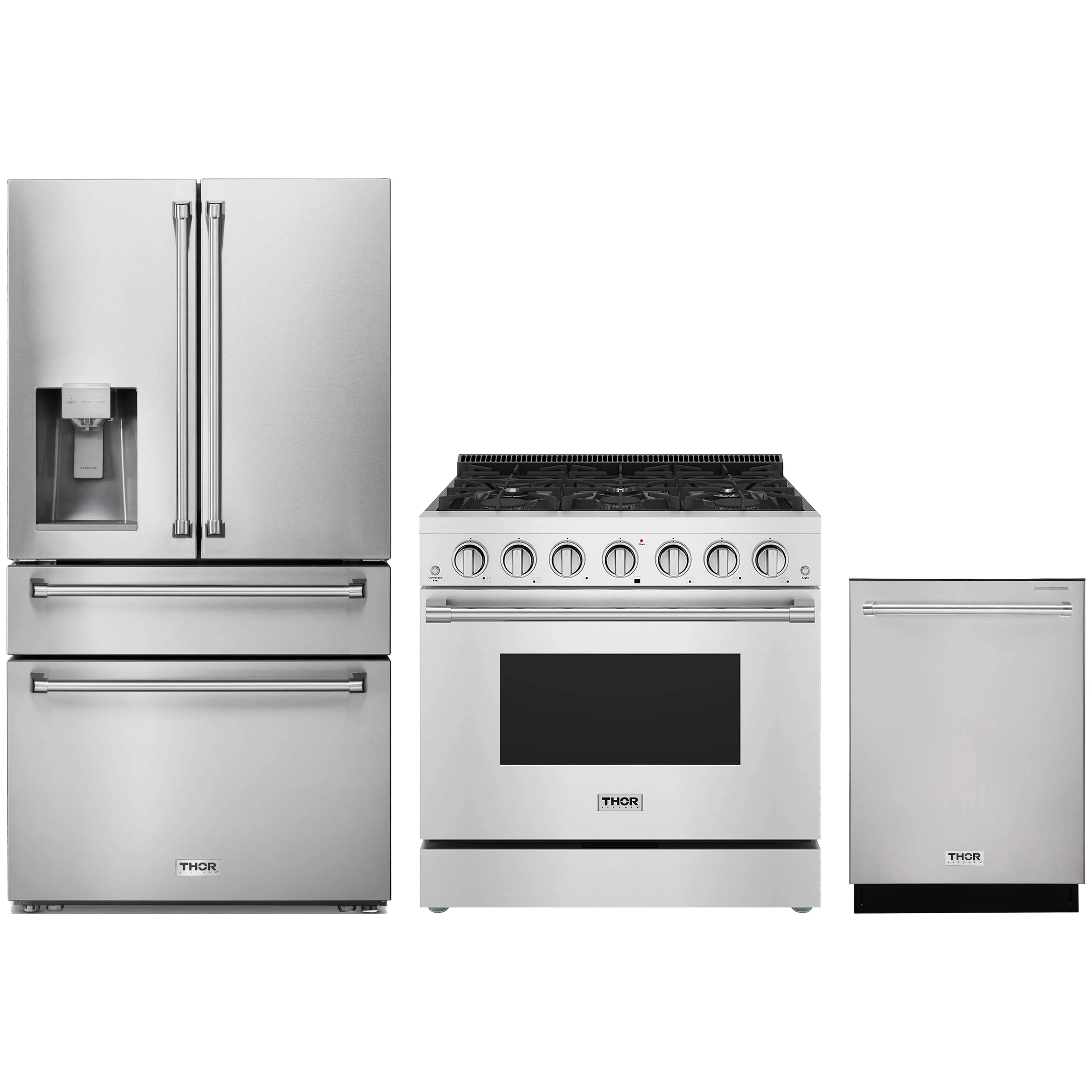Thor Kitchen stainless appliance set: refrigerator, gas range, and dishwasher