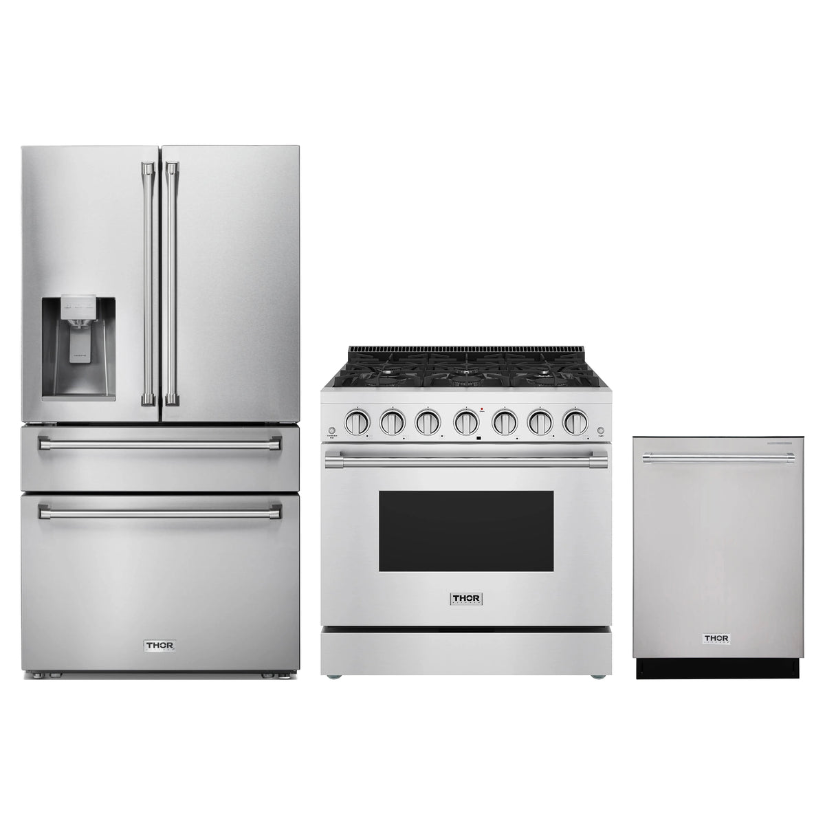 Thor Kitchen 3-Piece Appliance Package - 36-Inch Propane Gas Range, Refrigerator with Water Dispenser, & Dishwasher in Stainless Steel
