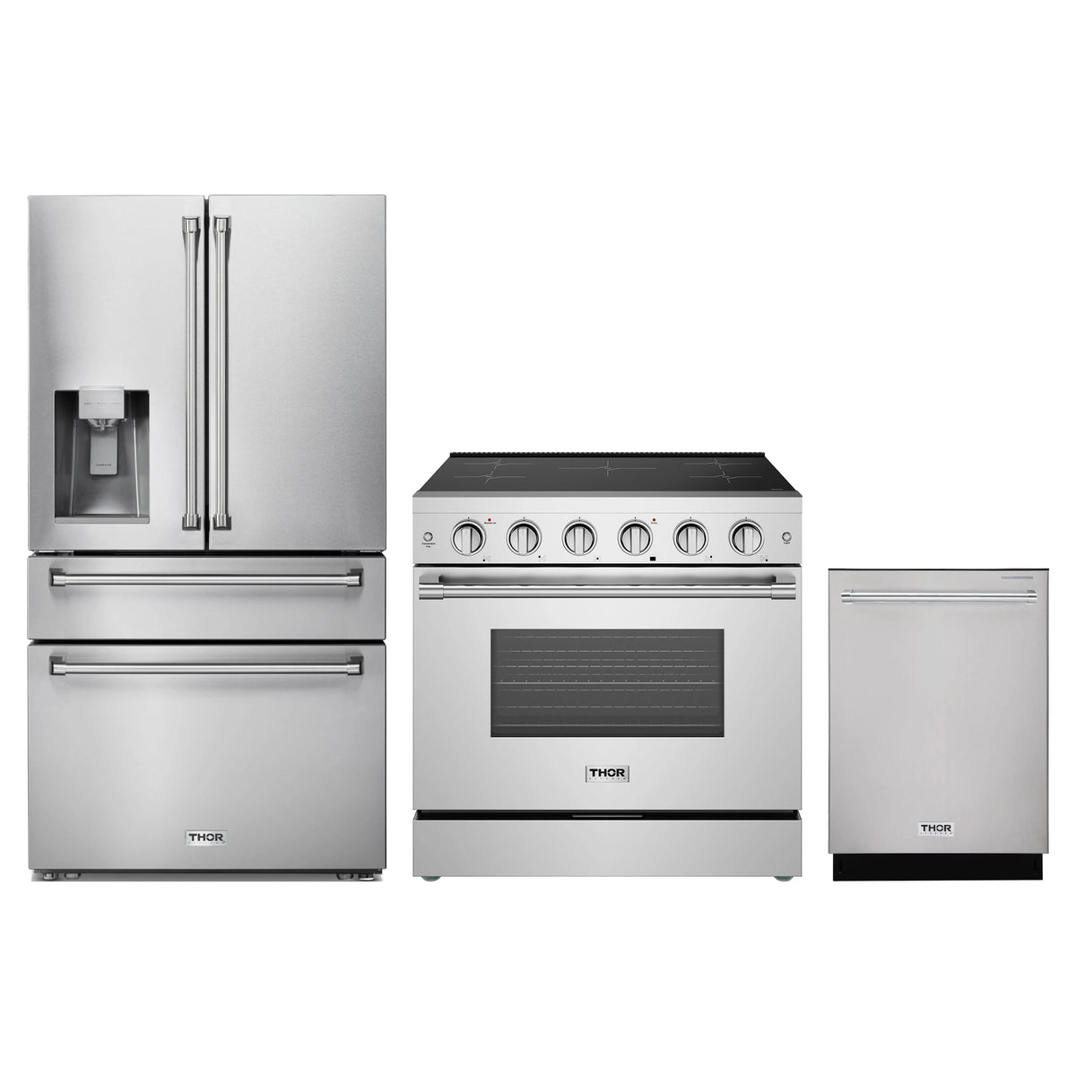 Thor Kitchen 3-Piece Appliance Package - 36-Inch Induction Range, Refrigerator with Water Dispenser, & Dishwasher in Stainless Steel