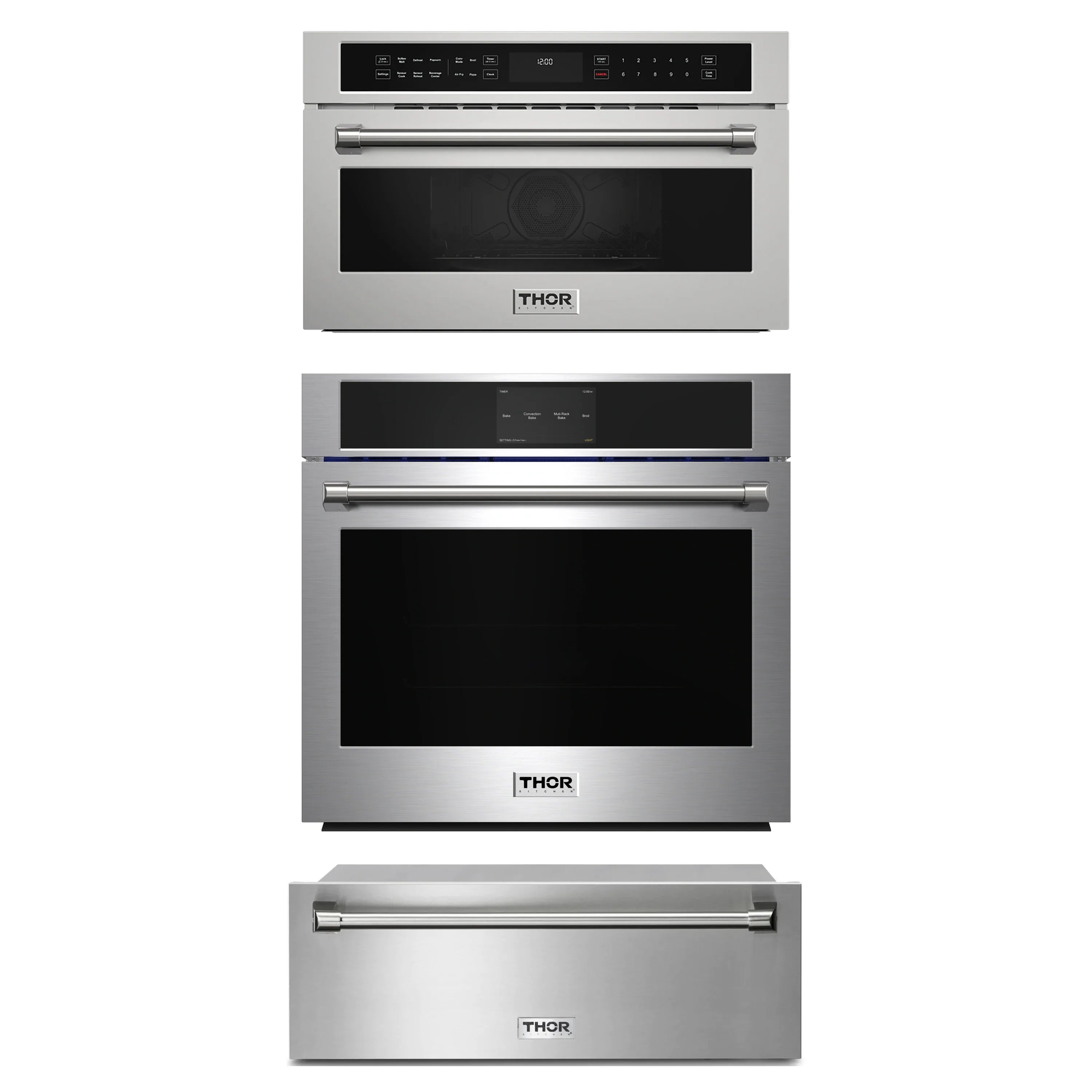 Stainless steel 3-piece wall appliance set with stacked oven doors and drawer fronts